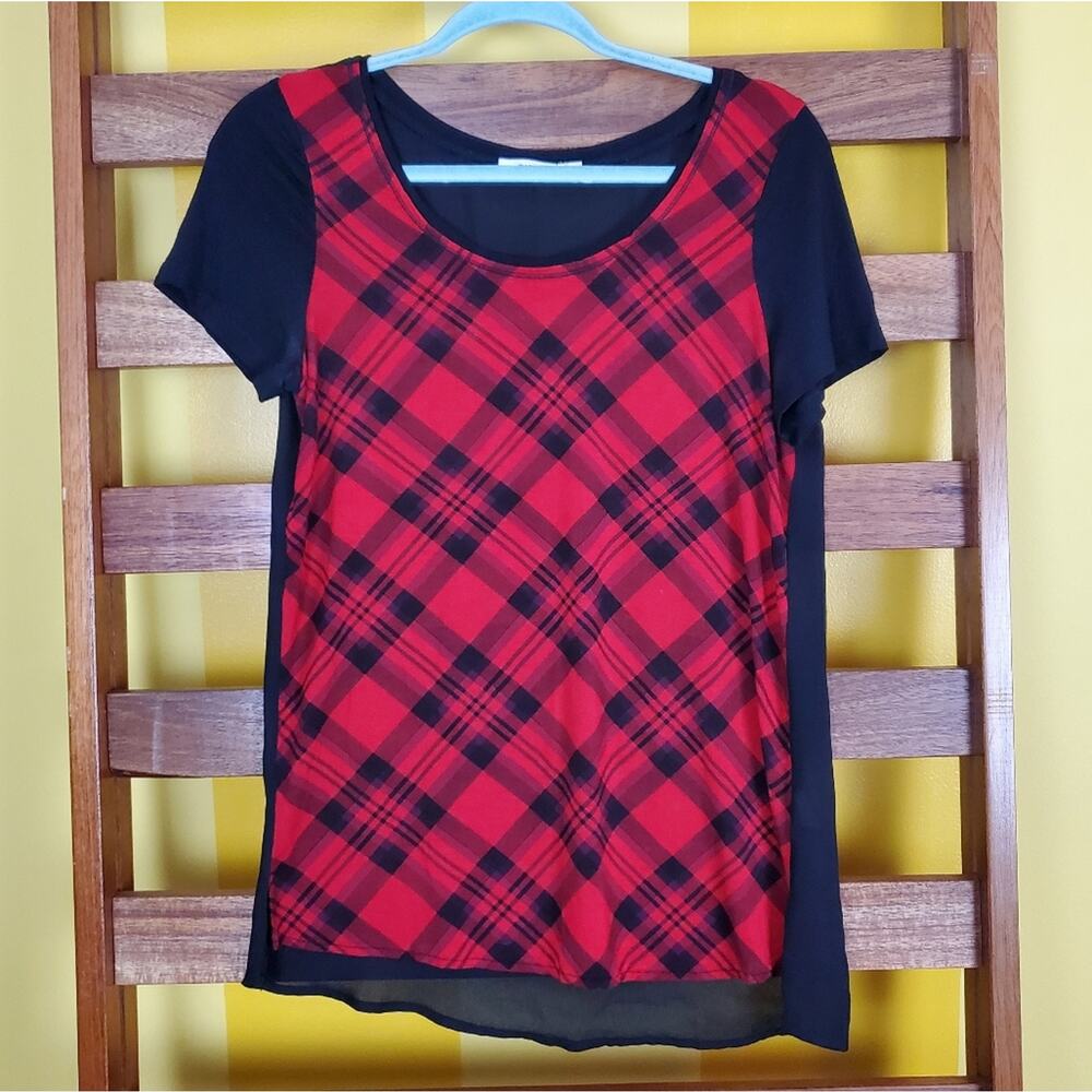 Emo Black & Red Plaid Faux Layered Shirt, Sz S